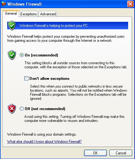 Εικόνα 3. Windows Firewall - General Στην αρχική οθόνη ΠΡΕΠΕΙ ΥΠΟΧΡΕΩΤΙΚΑ να είναι μη επιλεγμένο το Don t allow exceptions.