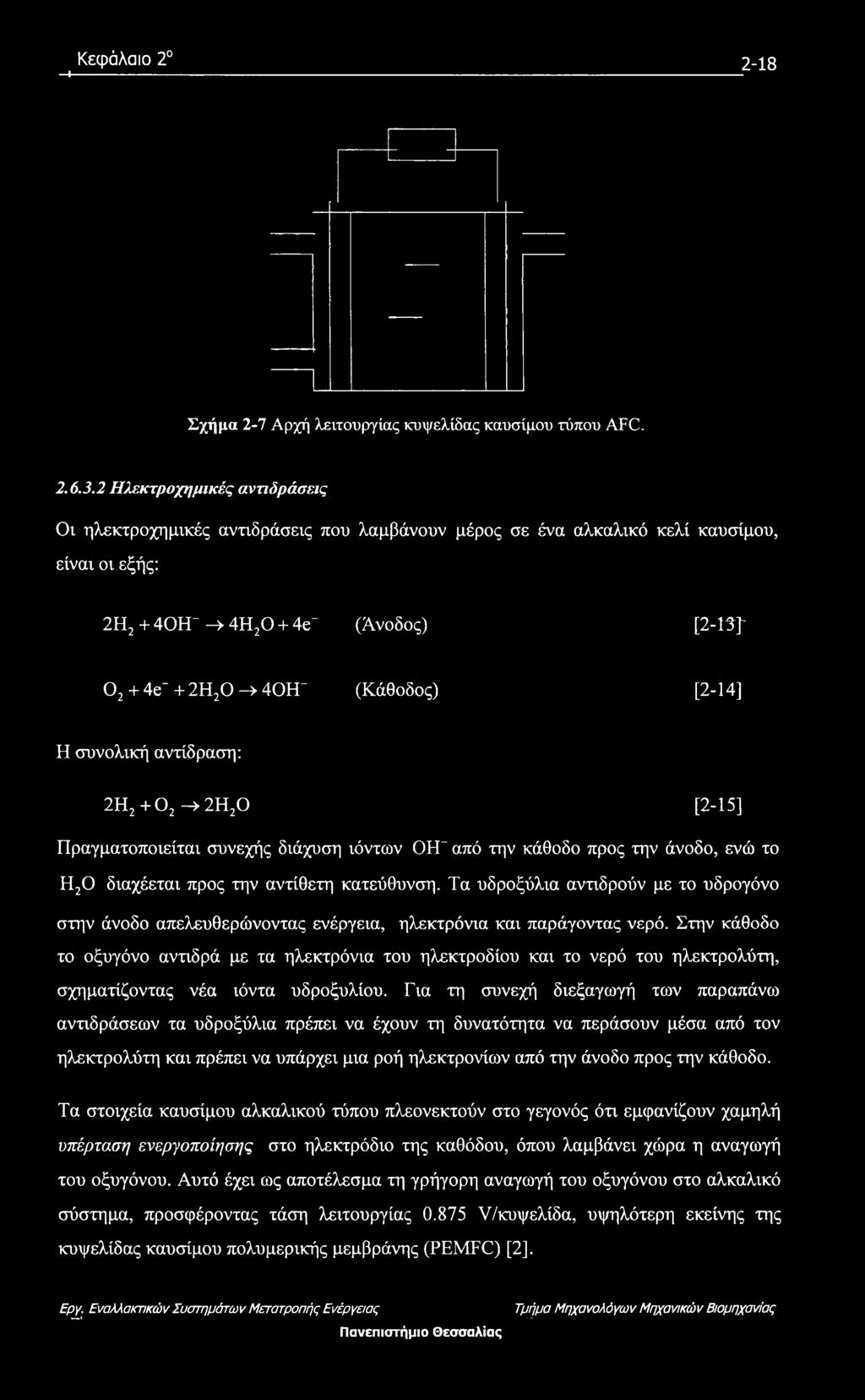 [2-14] Η συνολική αντίδραση: 2Η2 +02 -> 2Η20 [2-15] Πραγματοποιείται συνεχής διάχυση ιόντων ΟΗ από την κάθοδο προς την άνοδο, ενώ το Η20 διαχέεται προς την αντίθετη κατεύθυνση.