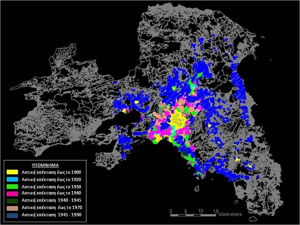 Εικόνα 88 - Αστική επέκταση Αθήνας έως και το 1990 (Ιδία επεξεργασία) Η πρωτεύουσα είχε ανάγκη για εκ νέου χωροταξικές ρυθμίσεις καθώς η οικιστική επέκταση είχε προηγηθεί για άλλη μια φορά των