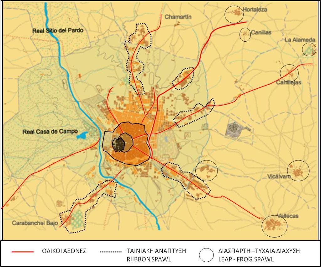 Εικόνα 24 - Κατάσταση Μαδρίτης το 1900 -Εμφάνιση φαινομένου αστικής διάχυσης Επίσης, στις αρχές του 20 ου αιώνα ξεκινάει μια σειρά προσπαθειών και προτάσεων όσον αφορά την περιφέρεια και την οργάνωση