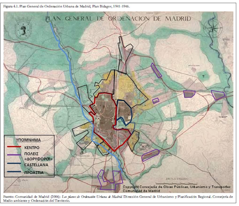 Εικόνα 29 - Γενικό Πολεοδομικό Σχέδιο Μαδρίτης 1946 Η Μαδρίτη την περίοδο 1949-54 αποκτά νέα διοικητικά όρια: συνένωση των 13 γειτονικών δήμων. Το 1960 πληθυσμός αγγίζει τα 2,2 εκατομμύρια (INE.es).