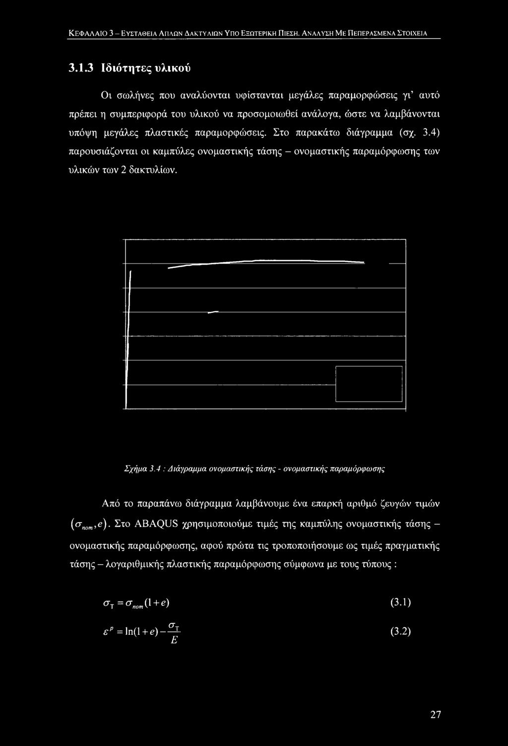 παραμορφοόσεις. Στο παρακάτω διάγραμμα (σχ. 3.4) παρουσιάζονται οι καμπύλες ονομαστικής τάσης - ονομαστικής παραμόρφωσης των υλικών των 2 δακτυλίων. Σχήμα 3.