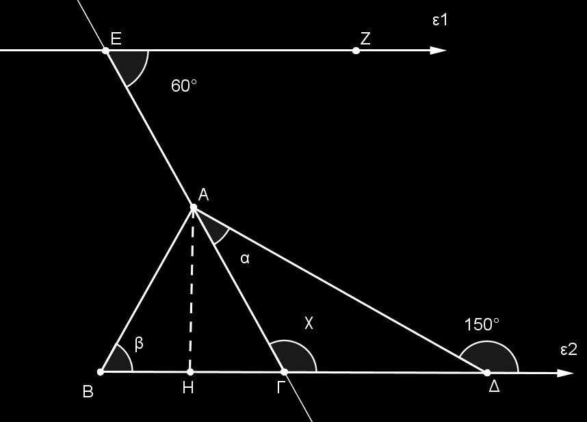 5. Στο διπλανό σχήμα ε1 // ε2, ΑΒ = ΑΓ, ˆ 60 και ˆ εξωτ. = 150. (α) Να υπολογίσετε τις γωνίες χ, α, β. (β) Να βρείτε το είδος του τριγώνου ΑΓΔ ως προς τις γωνίες του και ως προς τις πλευρές του.