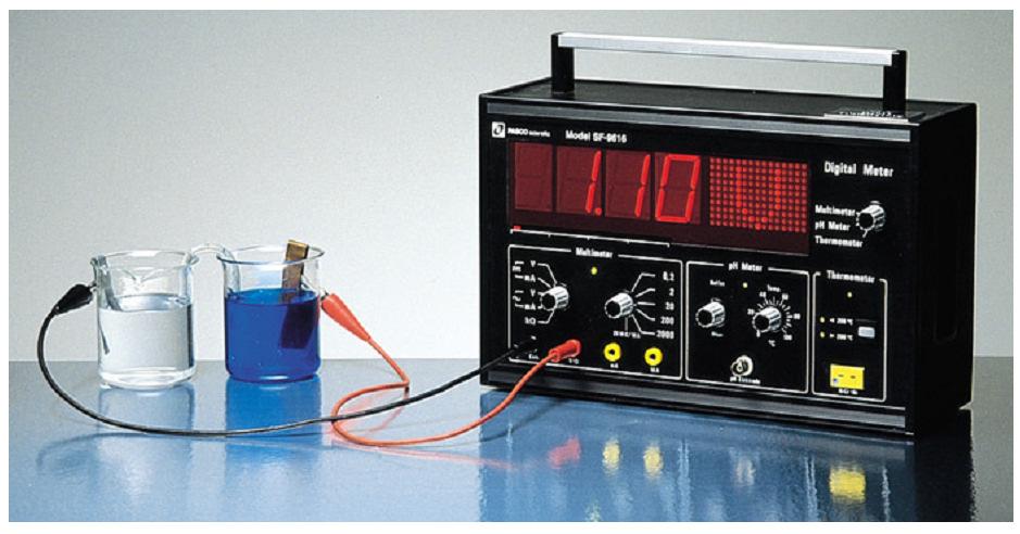 V = voltmetar; ako je umjesto V izvor električne struje ( ), onda je to elektrolizni članak i smjerovi kretanja e i aniona te naboji elektroda su obrnuti, elektroliznom članku ne treba elektrolitski