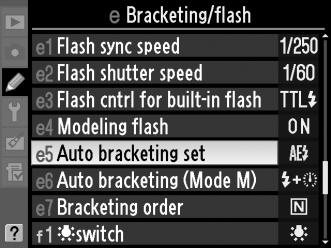 Bracketing Το bracketing αυτόματα διαφοροποιεί την έκθεση, το επίπεδο φλας, το Active D-Lighting (ADL) ή την ισορροπία λευκού ελάχιστα με κάθε λήψη, «βάζοντας σε παρένθεση» την τρέχουσα τιμή.