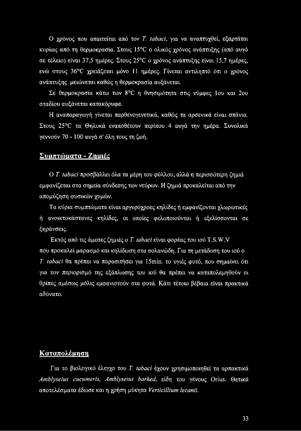 tabaci προσβάλλει όλα τα μέρη του φύλλου, αλλά η περισσότερη ζημιά εμφανίζεται στα σημεία σύνδεσης των νεύρων. Η ζημιά προκαλείται από την απομύζηση φυσικών χυμών.