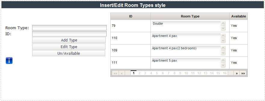 Panel: Add/Edit Room Type Λειτουργικότητα Εµφανίζει τη διεπαφή της εισαγωγής, διόρθωσης, προβολής, ενεργοποίησης και απενεργοποίησης των τύπων ξενοδοχείων που είναι διαθέσιµοι στο σύστηµα.