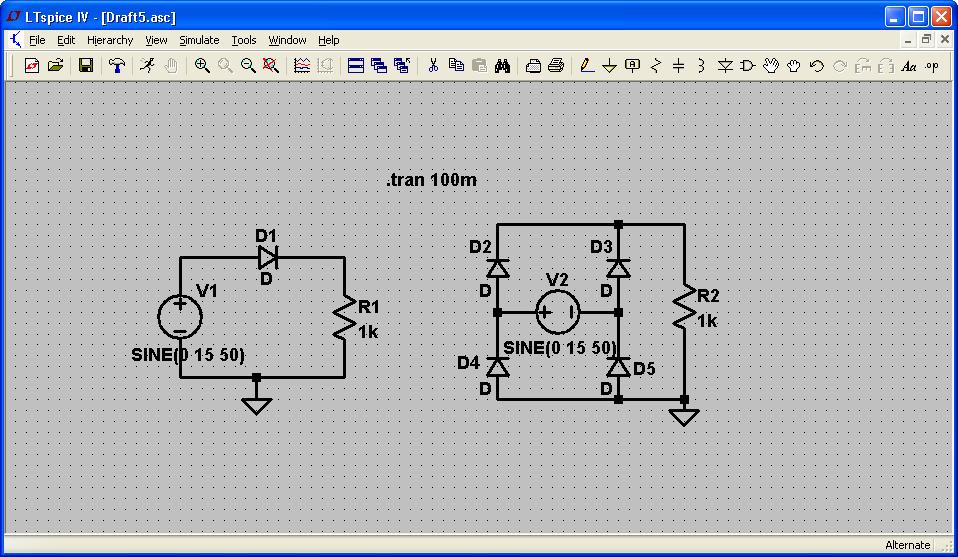 Οι ac πηγές τάσης έχουν πλάτος 15 V και συχνότητα 50 Hz.