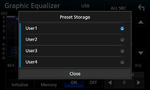 Memory Αποθηκεύει την ρυθμισμένη καμπύλη ισοσταθμιστή από το «User1» έως το «User4». Initialize Η τρέχουσα καμπύλη EQ γίνεται πάλι επίπεδη. ALL SRC Χρησιμοποιήστε τη ρυθμισμένη ισοστάθμ.