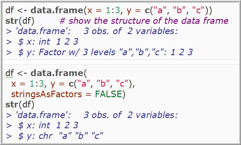 Data elements: Πλαίσια δεδοµένων (data frames) Αντιπροσωπεύουν τυπικούς πίνακες δεδοµένων κάτι ανάλογο µεένα υπολογιστικό φύλλο excel Είναι ουσιαστικά ένας ορθογώνιος πίνακας τιµών σε σειρές και