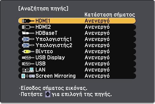 Επιλογή πηγής εικόνας 58 Όταν οι πολλαπλές πηγές εικόνας είναι συνδεδεµένες στο βιντεοπροβολέα, όπως ένας υπολογιστής και µια συσκευή αναπαραγωγής DVD, µπορείτε να µεταβείτε από τη µία πηγή εικόνας