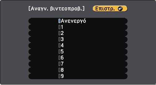 Χρήση πολλών βιντεοπροβολέων 94 e Χρησιµοποιήστε τα πλήκτρα βέλους για να επιλέξετε τον αριθµό αναγνώρισης τον οποίο θέλετε να χρησιµοποιήσετε για το βιντεοπροβολέα. Στη συνέχεια, πιέστε [Enter].