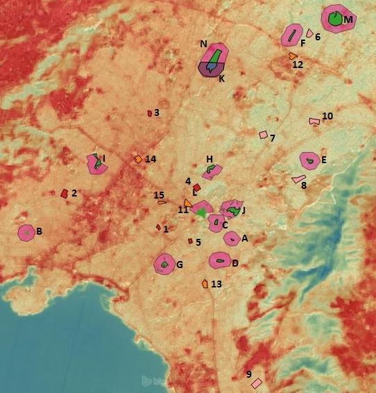 Εικόνα 13. Οι περιοχές έρευνας πάνω από την ημιδιάφανη εικόνα της επιφανειακής θερμοκρασίας LST και της αεροφωτογραφίας της Αθήνας (QGIS). 1.Συνεχής αστική δομή (κόκκινο), 2.