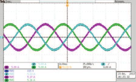 128 Deve-se vericar as correntes de carga i A, i B e i C, como mostra a Figura 5.4. As correntes de carga apresentaram baixa ondulação devido à carga indutiva conectada à saída do inversor.