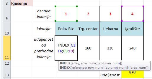 Nakon toga treba nam funkcija INDEX (array; row_num; (column_num)) koja vraća vrijednost iz tablice iz zadanog niza brojeva.