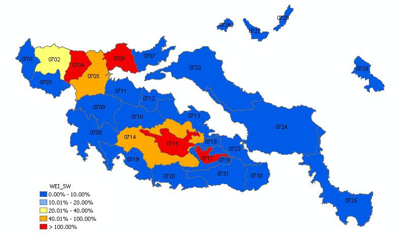 Σχήμα 7-23: Χωρική κατανομή και διαχωρισμός περιοχών λειψυδρίας (ανά υπολεκάνη) με βάση το δείκτη WEI_SW για τα επιφανειακά ύδατα.
