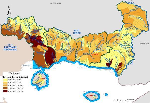 Σχήμα 5-14: Τελική ετήσια επιφανειακή ποσότητα ρύπων BOD, Ν και Ρ (τόνοι/έτος) στις