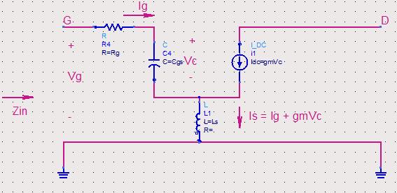 ΚΕΦΑΛΑΙΟ 4 Δομές LNA-προσομοιώσεις & αποτελέσματα Εικόνα 4.5: Διάταξη με προσθήκη ενός πηνίου Ls. Έχουμε λοιπόν (4.1) Από το νόμο ρευμάτων του Kirchhoff :. Θέτω επίσης s= jω.