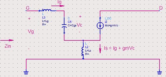 ΚΕΦΑΛΑΙΟ 4 ω Δομές LNA-προσομοιώσεις & αποτελέσματα = 0 => (4.4) Τέλος, τοποθετούμε ένα ακόμα πηνίο αντικαθιστώντας την αντίσταση στην πύλη του MOSFET σαν καλώδιο διασύνδεσης του ολοκληρωμένου.