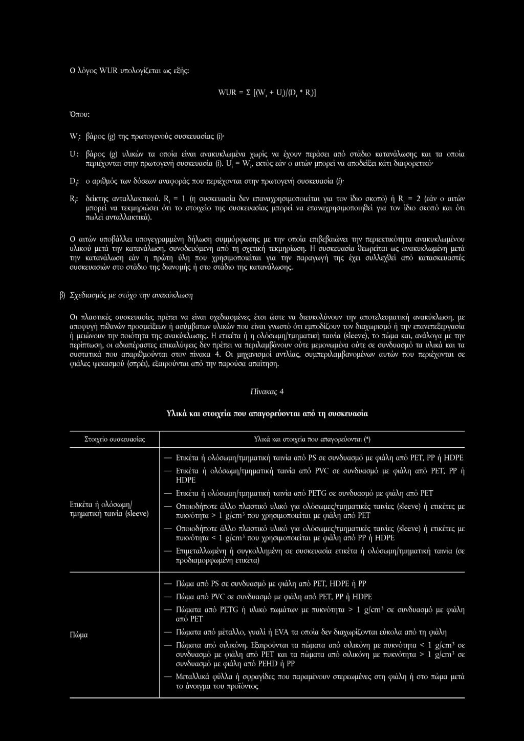 Ο λόγος W UR υπολογίζεται ως εξής: WUR = Σ [(W, + U,)/(D, * R,)] Όπου: W,: βάρος (g) της πρωτογενούς συσκευασίας (ί) LT: Dj: Rj: βάρος (g) υλικών τα οποία είναι ανακυκλωμένα χωρίς να έχουν περάσει