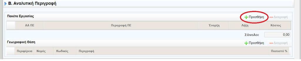 3.4 Β. Αναλυτική περιγραφή Ο χρήστης επιλέγει το Τμήμα Β. «Αναλυτική Περιγραφή» και συμπληρώνει τα πεδία. Ο χρήστης μπορεί να προσθέσει Πακέτα Εργασίας (ΠΕ) χρησιμοποιώντας το κουμπί «Προσθήκη» (εικ.