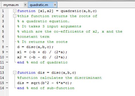 Υπο-Συναρτήσεις Ένα αρχείο συνάρτησης μπορεί να περιέχει και άλλες συναρτήσεις, που λέγονται υπο-συναρτήσεις. Οι υπο-συναρτήσεις βρίσκονται μετά το τέλος της κύριας συνάρτησης, με οποιαδήποτε σειρά.