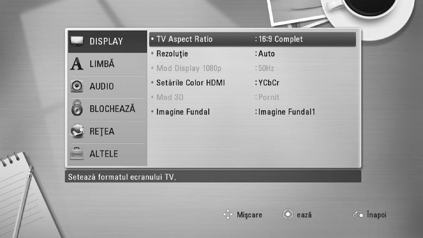 Meniul [DISPLAY] TV Aspect Ratio Selectaţi o opţiune de format al imaginii TV în funcţie de tipul televizorului dvs. [4:3 Letter Box] Selectaţi dacă folosiţi un televizor standard 4:3.
