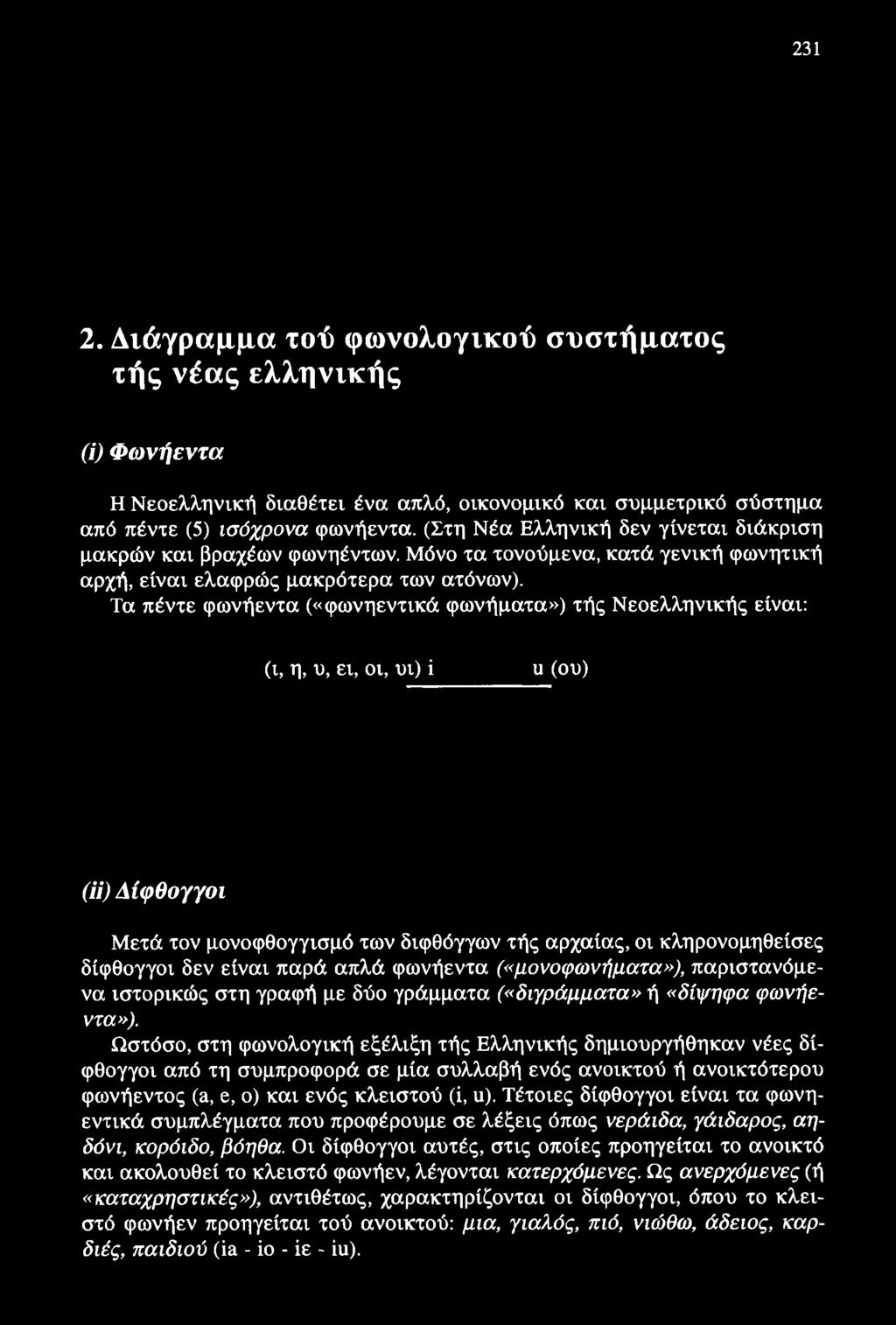 231 2. Διάγραμμα τού φωνολογικού συστήματος τής νέας ελληνικής (ΐ) Φωνήεντα Η Νεοελληνική διαθέτει ένα απλό, οικονομικό και συμμετρικό σύστημα από πέντε (5) ισόχρονα φωνήεντα.
