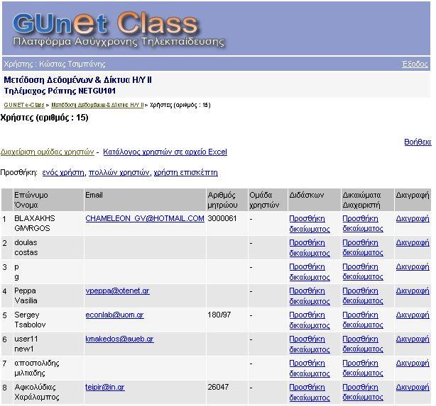 Χρήστες Αυτό είναι το τµήµα, όπου µπορείτε να διαχειριστείτε ποιος εγγράφεται στο µάθηµά σας.
