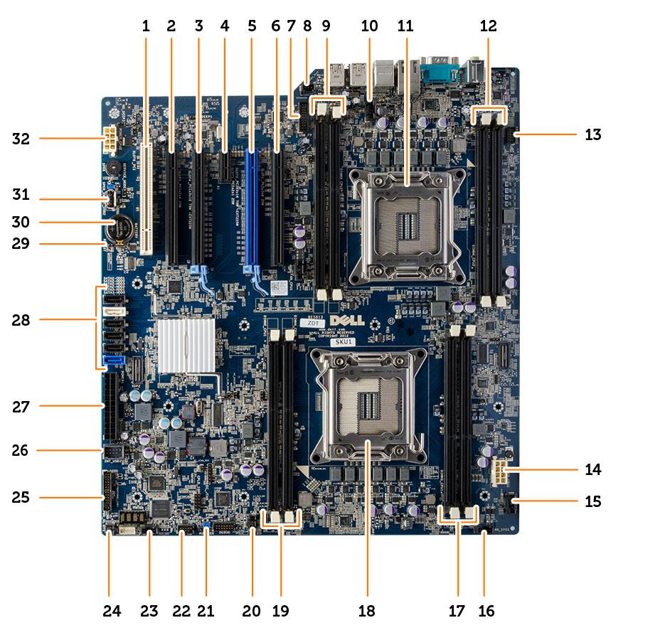 1. υποδοχή PCI (υποδοχή 6) 2. υποδοχή PCIe x16 (συρματωμένη ως x4) 3. υποδοχή PCIe x16 4. υποδοχή κάρτας PCIe x1 5. υποδοχή PCIe x16 6. υποδοχή PCIe x16 (συρματωμένη ως x8) 7. σύνδεσμος USB 3.