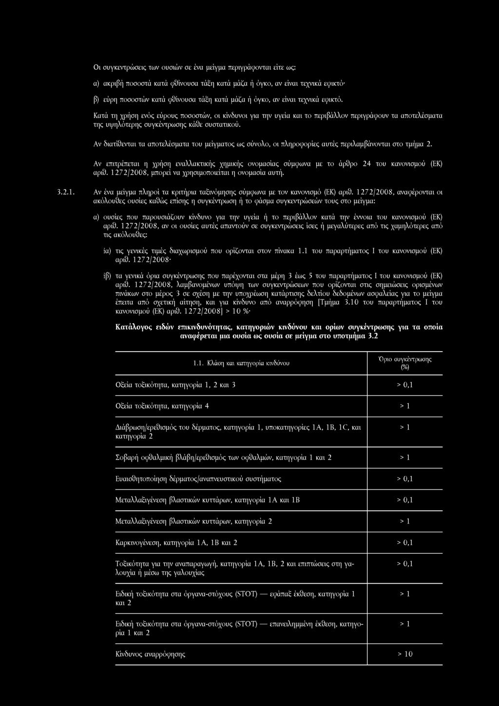 Οι συγκεντρώσεις των ουσιών σε ένα μείγμα περιγράφονται είτε ως: α) ακριβή ποσοστά κατά φθίνουσα τάξη κατά μάζα ή όγκο, αν είναι τεχνικά εφικτό β) εύρη ποσοστών κατά φθίνουσα τάξη κατά μάζα ή όγκο,