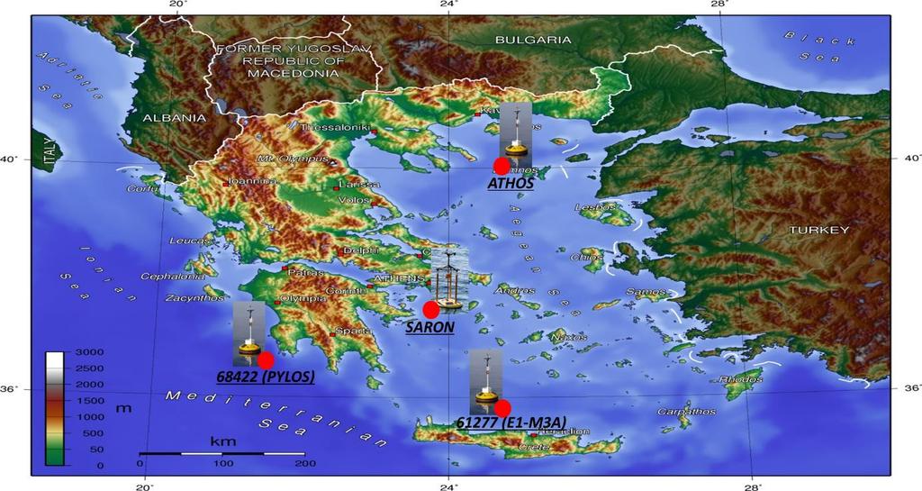 Εικόνα Β. Θέσεις σταθμών του Αθω (ATHOS),του Κρητικού Πελάγους (61277-Ε1Μ3Α), της Πύλου (68422) και του Σαρωνικού (SARON).