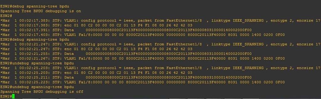 Για να εµφανίσουµε τα µηνύµατα BPDU που αποστέλλονται από το ESW1 µε προορισµό το ESW2, αρκεί να εκτελέσουµε την εντολή «debug spanning-tree bpdu» στο λειτουργικό σύστηµα του ESW2.