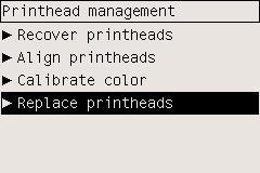 1. Στον µπροστινό πίνακα του εκτυπωτή επιλέξτε το εικονίδιο και στη συνέχεια τις επιλογές Printhead management [ ιαχείριση κεφαλών εκτύπωσης] > Replace printheads [Αντικατάσταση κεφαλών εκτύπωσης]. 2.