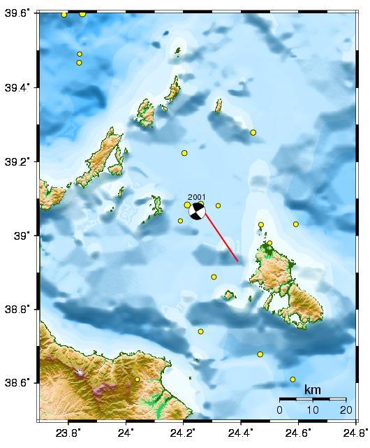 3.3 Σεισμική ακολουθία Σκύρου (2001-07-26, Μ w =6.4) 3.3.1 Εισαγωγή τις 26 Ιουλίου 2001 έγινε ένας ισχυρός σεισμός μεγέθους Μw=6.4 ανάμεσα στη κύρο και την Αλόννησο.