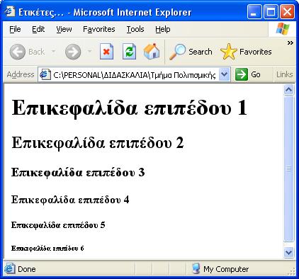 Ετικέτες επικεφαλίδων (II) <!DOCTYPE HTML PUBLIC "-//W3C//DTD HTML 4.0 Transitional//EN"> <HTML> <HEAD> <!-- Το head περιέχει πληροφορίες που αφορούν το αρχείο και δεν εμφανίζονται στην οθόνη.