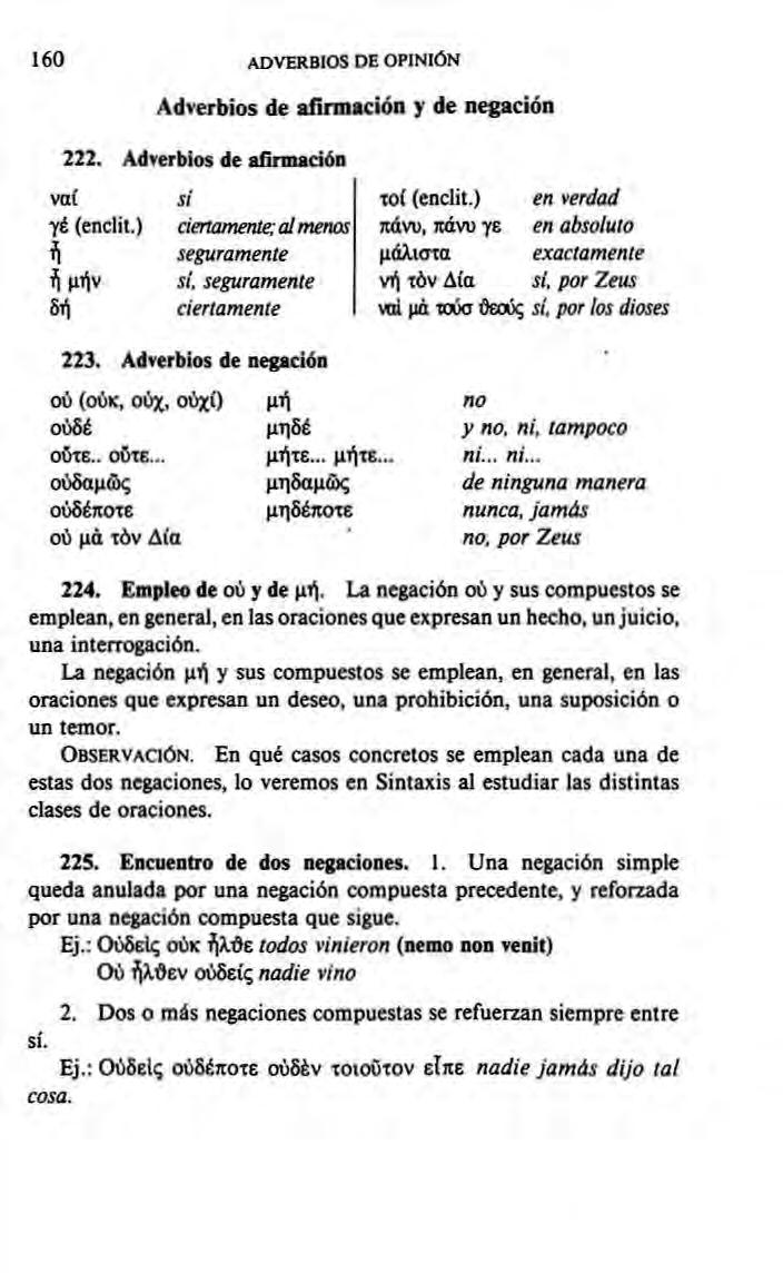 160 ADVERBIOS DE OPINIÓN Adverbios de afirmación y de negación 222. Adverbios de añnnación VB{ γέ (enclit.) ήμήν si xoí (enclit.