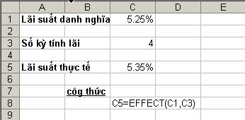 Npery: Số kỳ tính lã trong một năm Hàm NOMINAL tính lã suất danh nghĩa kh bết lã suất thực tế theo cú pháp: = NOMINAL(effect_rate,npery) Trong đó: effect_rate: lã suất thực tế trong một năm. Ví dụ 3.