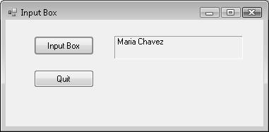 Στη συνέχεια, το πρόγραμμα χρησιμοποιεί τη μεταβλητή για να εμφανίσει το όνομά σας στη φόρμα, όπως φαίνεται εδώ: Μπορείτε να χρησιμοποιείτε τη συνάρτηση InputBox στα προγράμματά σας κάθε φορά που