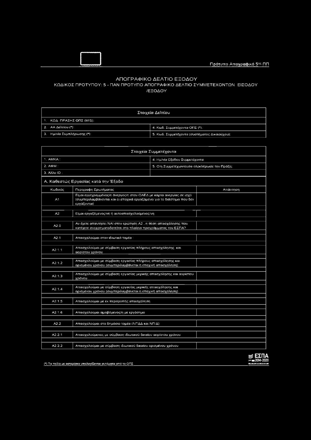 Α Μ Κ Α : 4. Ημ/νία Εξόδου Συμμετέχοντα: 2. ΑΦΜ : 5. Ο/η Συμμετέχων/ουσα ολοκλήρωσε την Πράξη; 3. Αλλο ID : Α.