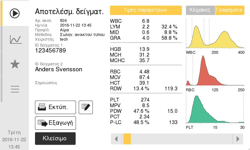 3. Λειτουργία (ανάλυση δείγματος) Αποτελέσματα Αποτελέσματα Αφού αναλυθεί ένα δείγμα, οι πληροφορίες για τα αποτελέσματα θα εμφανιστούν στην οθόνη.