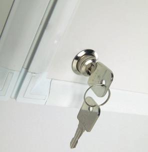 Kabinettschrank aus (matt) weiß Emailstahl, weißem Alu-Profil Abschließbarer Präsentationsschrank mit zwei doppelseitig beschreibbaren weiß emailstahlen Türen, inkl.