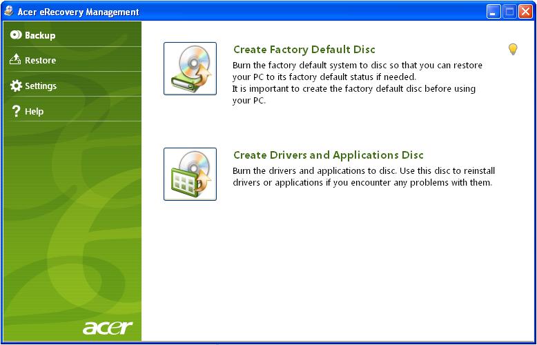 2 Εκτέλεση του Acer erecovery Management 1 Μπορείτε, επίσης, να εκτελέσετε το Acer erecovery Management εκτελώντας το πρόγραμμα από την ομάδα προγραμμάτων του Acer στο μενού Έναρξη ή κάνοντας διπλό