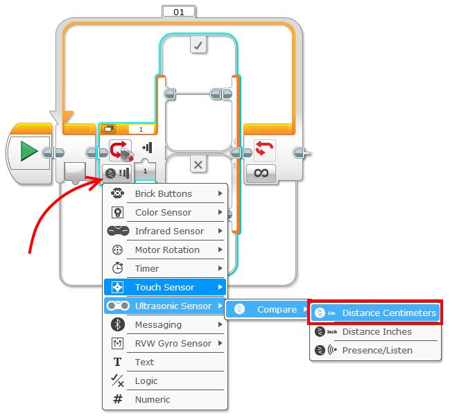 Βήμα 3: Στο Switch μπλοκ, επιλέξτε Ultrasonic Sensor Compare Distance