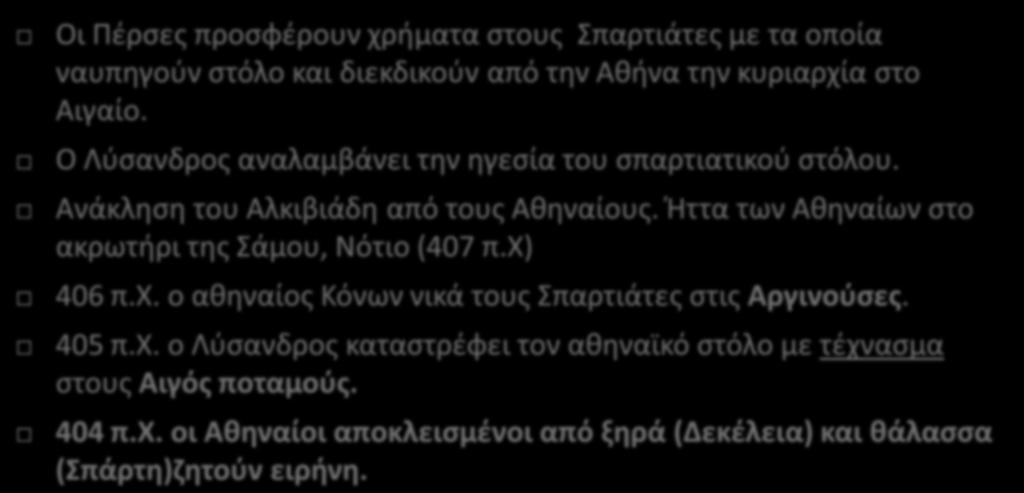 Ο Λύσανδρος αναλαμβάνει την ηγεσία του σπαρτιατικού στόλου. Ανάκληση του Αλκιβιάδη από τους Αθηναίους.