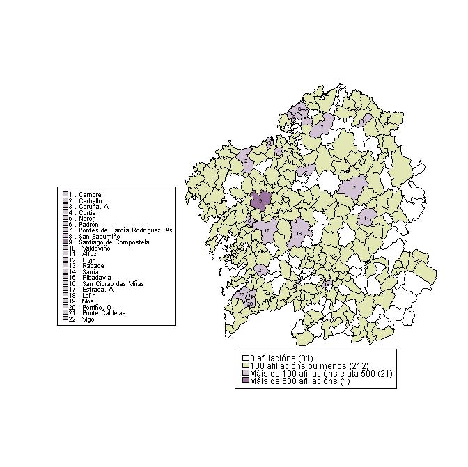 Localización do emprego por conta allea A localización do emprego asalariado desta rama está relacionada coa localización dos establecementos que vimos no mapa 3, porén, existen algunhas diferenzas