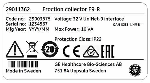2 Οδηγίες σχετικά με την ασφάλεια 2.2 Ετικέτες Ετικέτες στο Fraction collector F9-R Η ετικέτα βρίσκεται στην πίσω πλευρά του κλασματικού συλλέκτη.