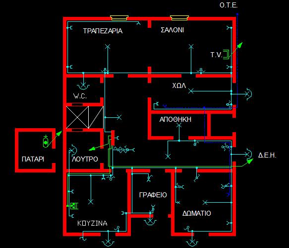 Ηλεκτρολογικό σχέδιο: Κάτοψη διαμερίσματος Εμφανίζονται: ο κεντρικός πίνακας, οι ηλ. καλωδιώσεις, οι θέσεις φωτισμού εσωτ. και εξωτ.