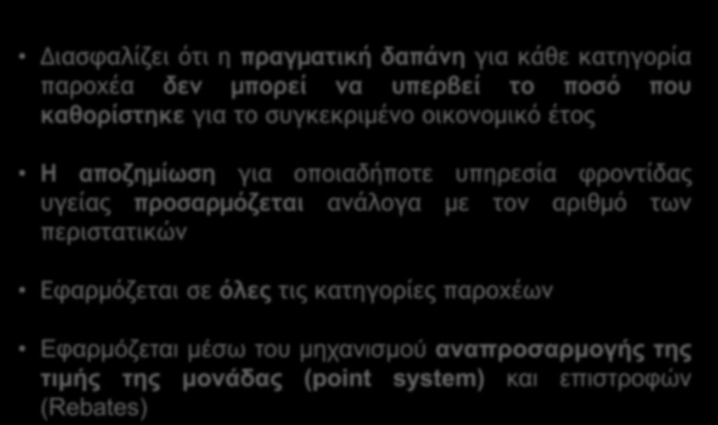 1. ΚΥΡΙΑ ΧΑΡΑΚΤΗΡΙΣΤΙΚΑ ΤΟΥ ΓΕΣΥ Διασφαλίζει ότι η πραγματική δαπάνη για κάθε κατηγορία παροχέα δεν μπορεί να υπερβεί το ποσό που καθορίστηκε για το συγκεκριμένο οικονομικό έτος Σφαιρικός