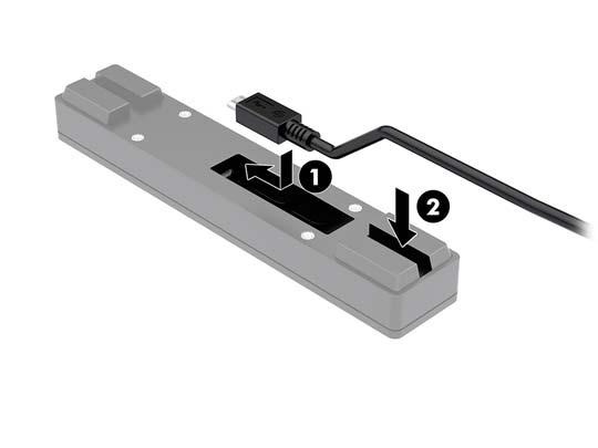 3. Συνδέστε το καλώδιο USB στη συσκευή ανάγνωσης δαχτυλικών αποτυπωμάτων (1) και δρομολογήστε το καλώδιο μέσα από το κανάλι δρομολόγησης (2) της συσκευής ανάγνωσης δαχτυλικών αποτυπωμάτων. 4.